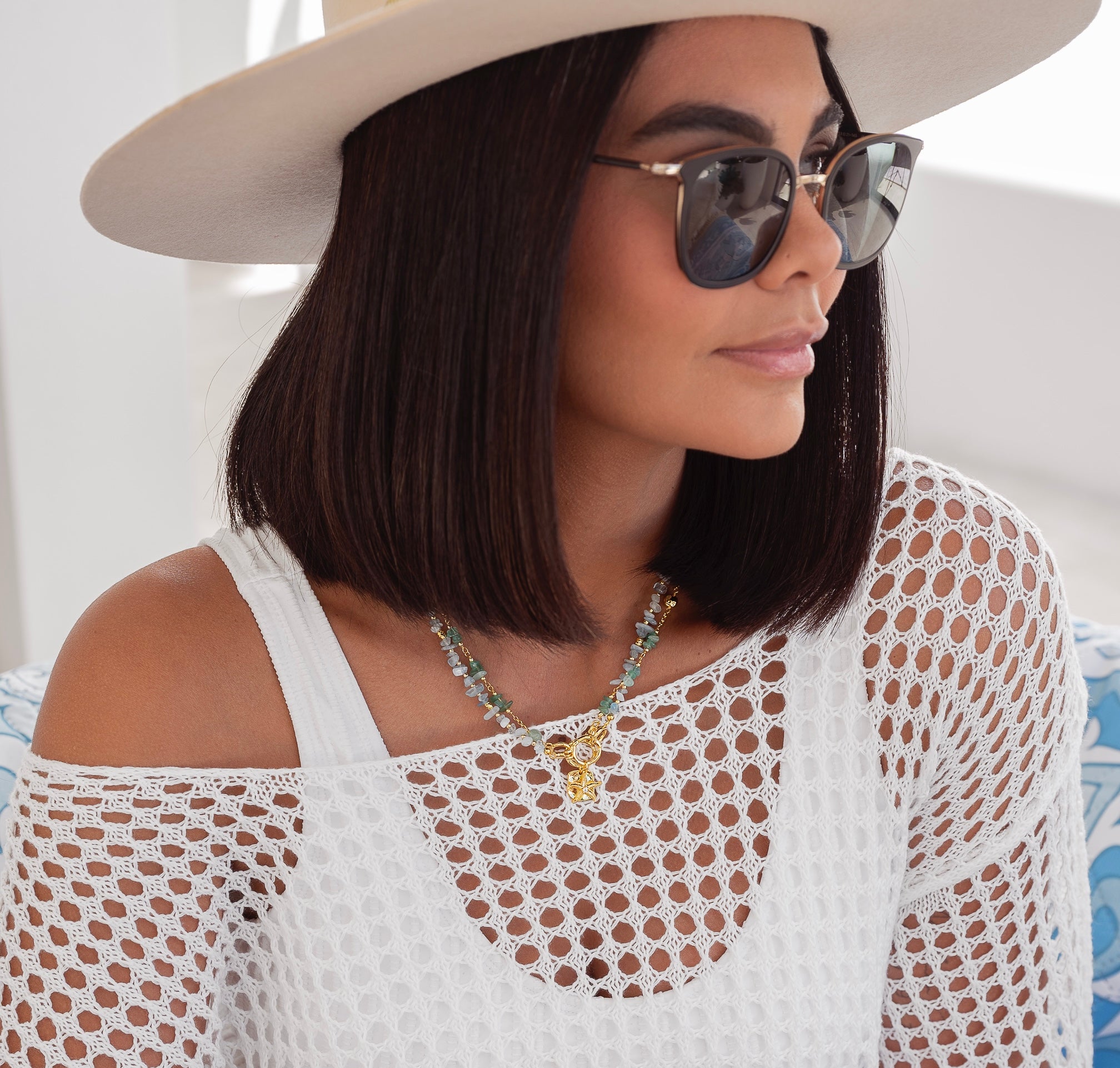 Starfish 14K Gold Plating with Aquamarine Stone Short Necklace