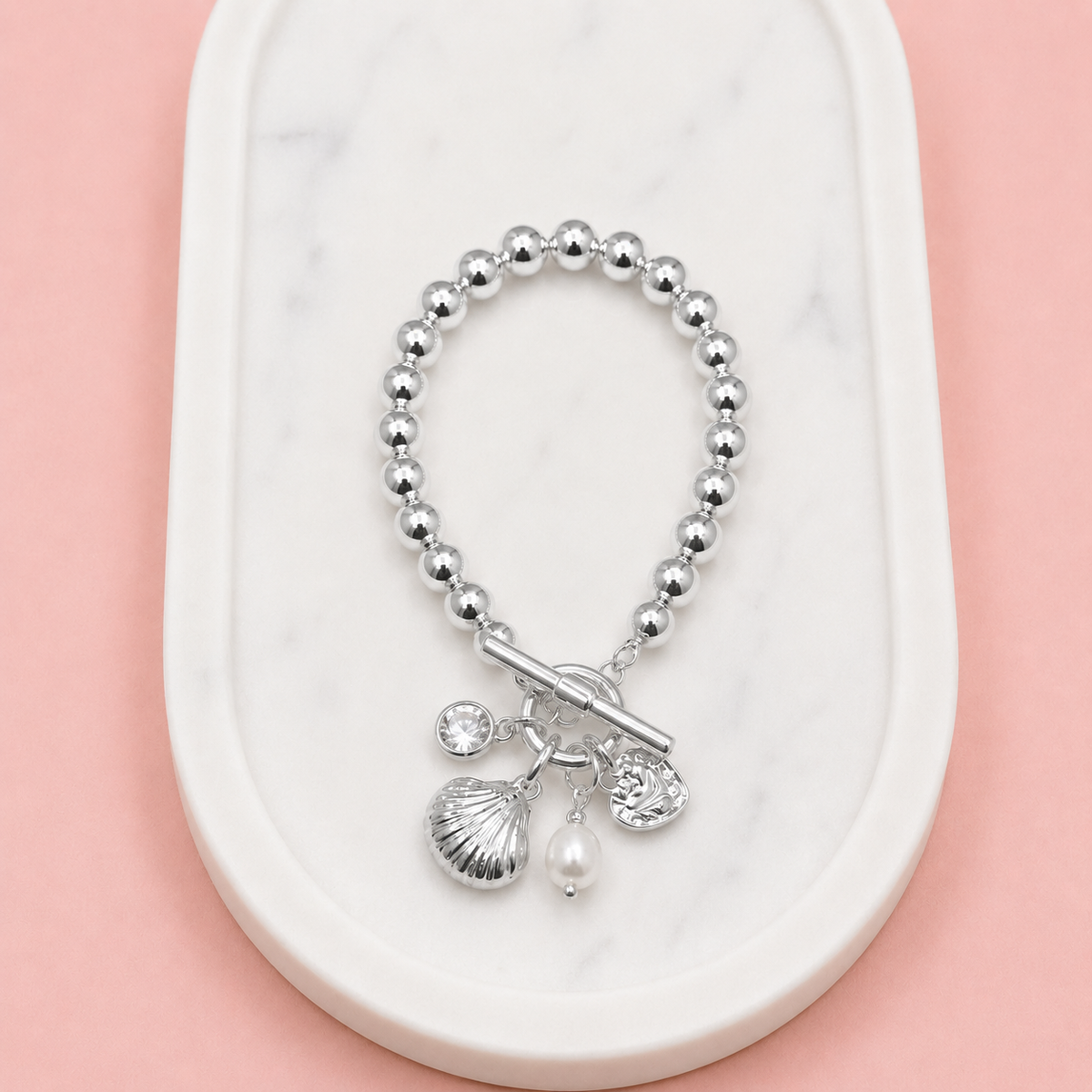 Silver Metal Shell & Pearl Bracelet