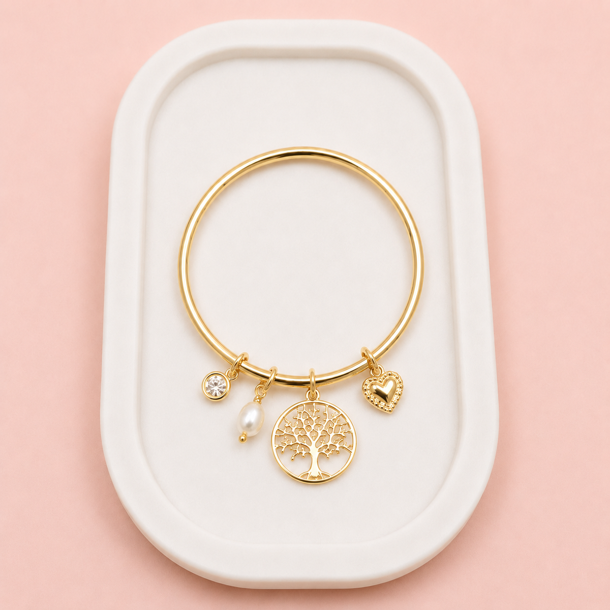 Yellow Gold Tree & Pearl Pendant Bangle