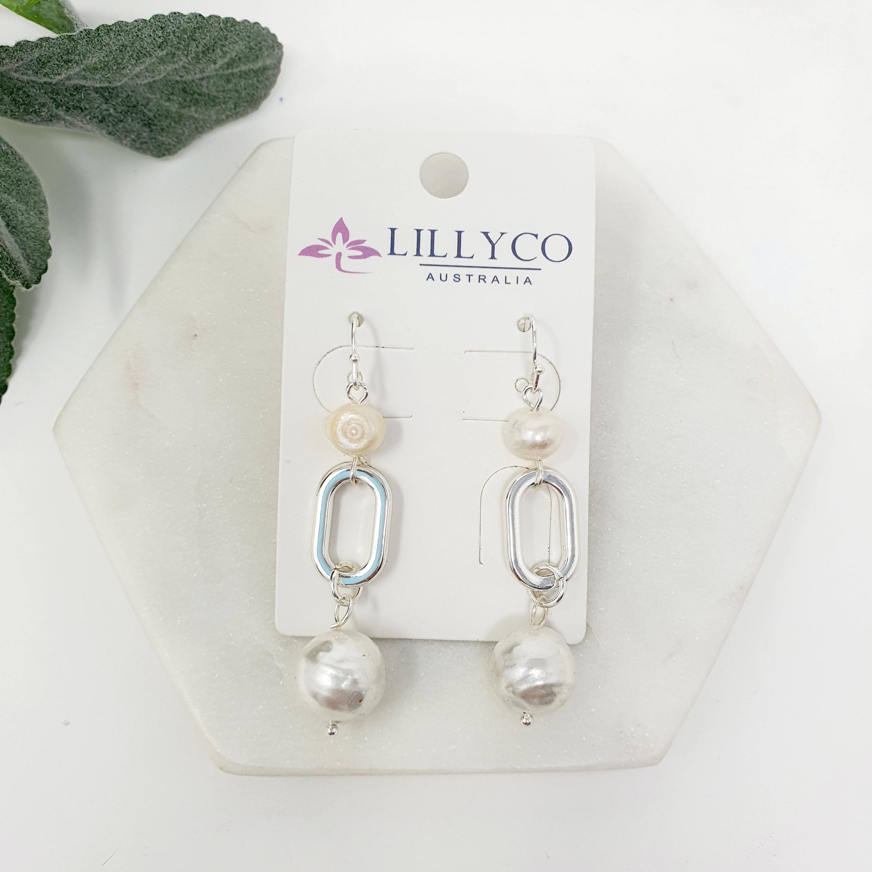 Silver Oval Drop Pearl Earring