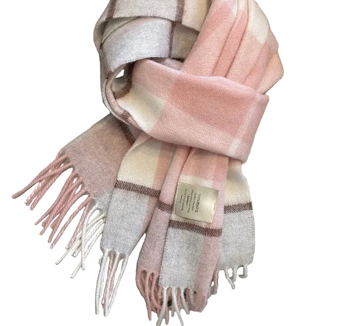Ladies Winter Wool | Soft White, Pink & Brown Check Scarf