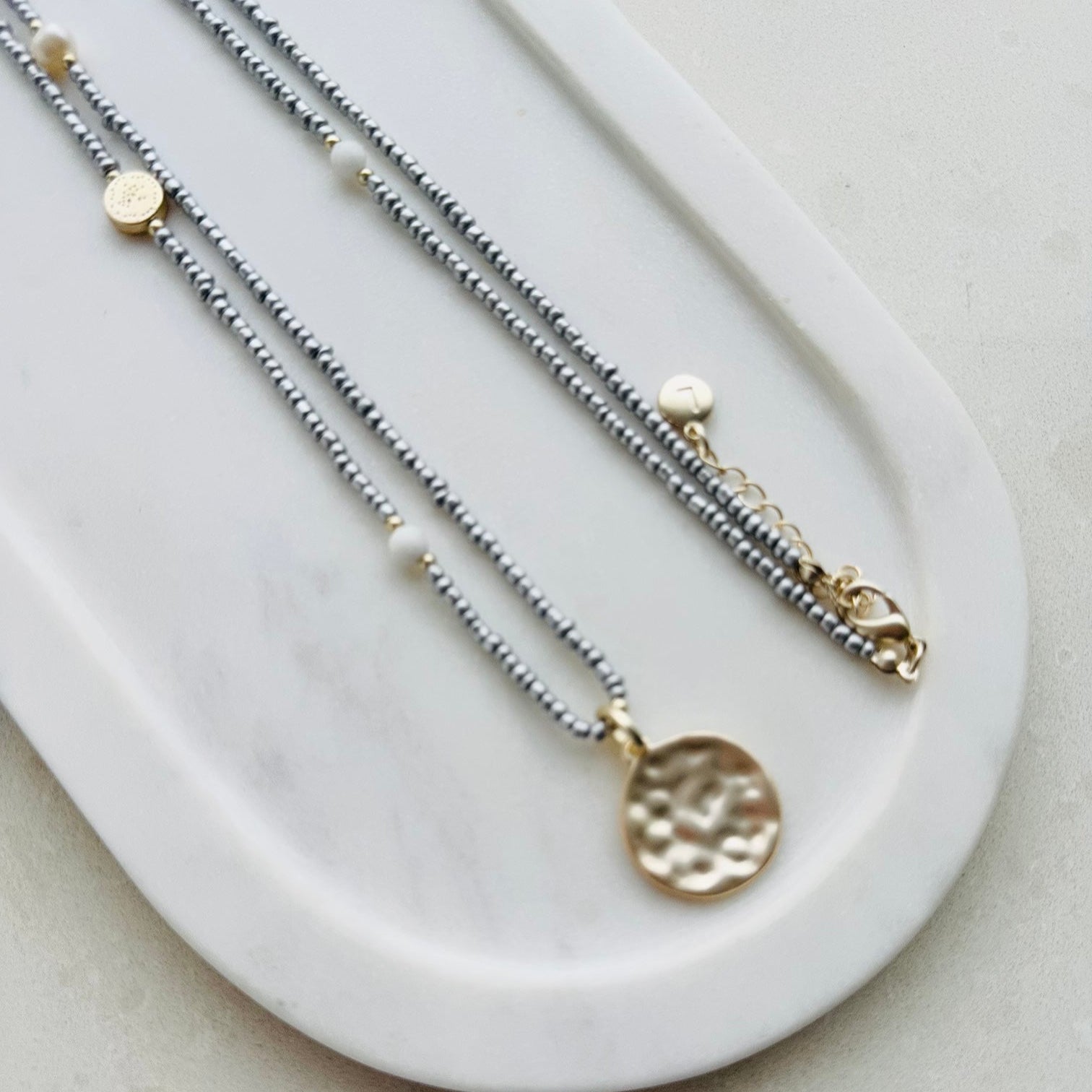 Light Gold Disc Pendant on Silver Beads Necklace