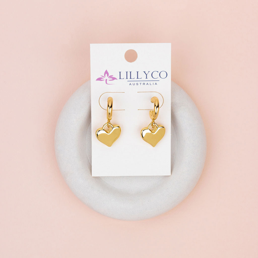 Solid Yellow Gold Drop Heart Earrings