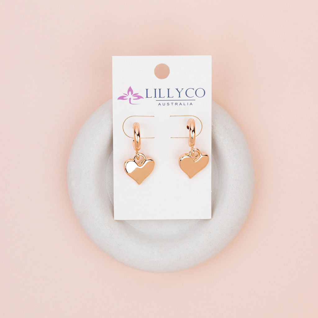 Solid Rose Gold Drop Heart Earrings