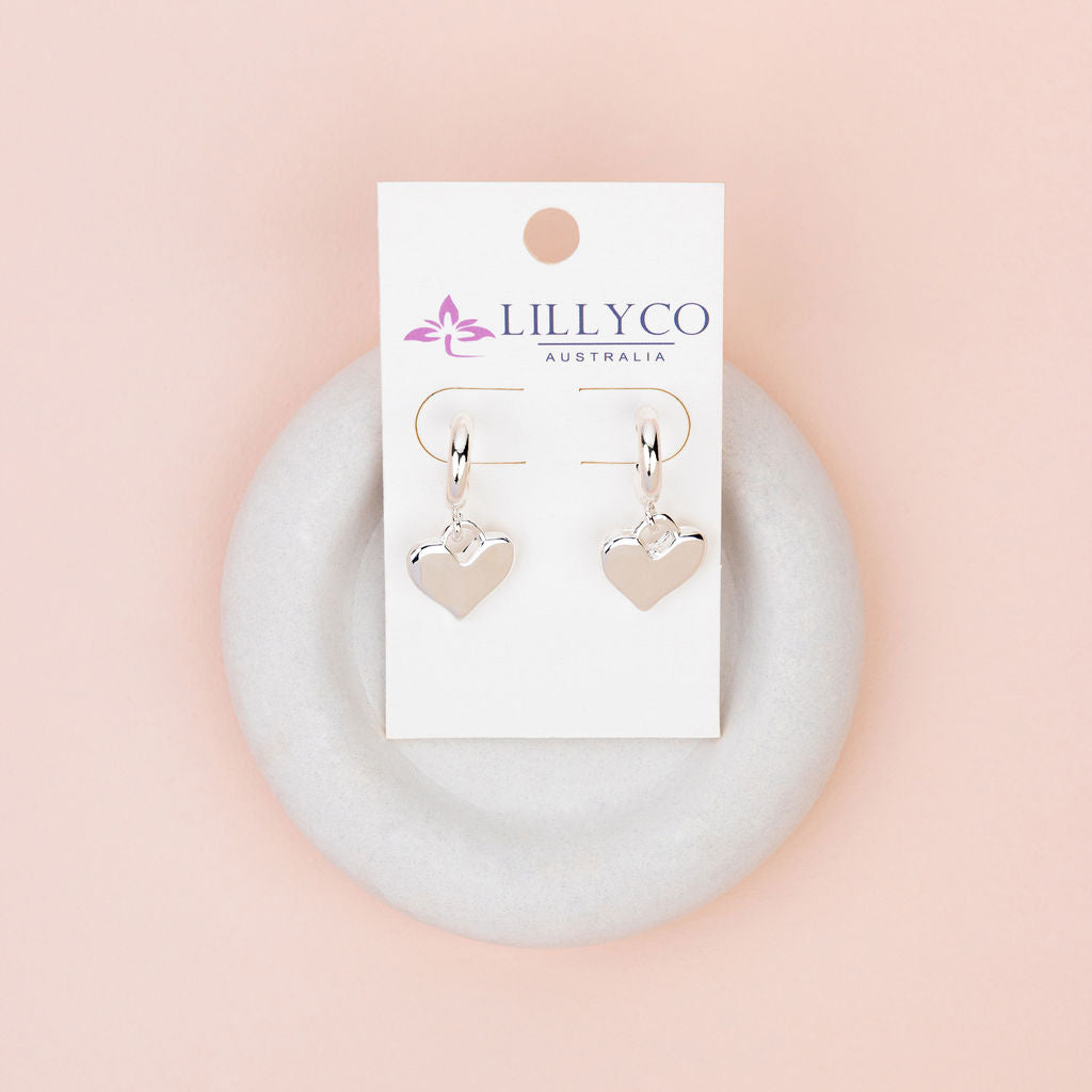 Solid Silver Drop Heart Earrings