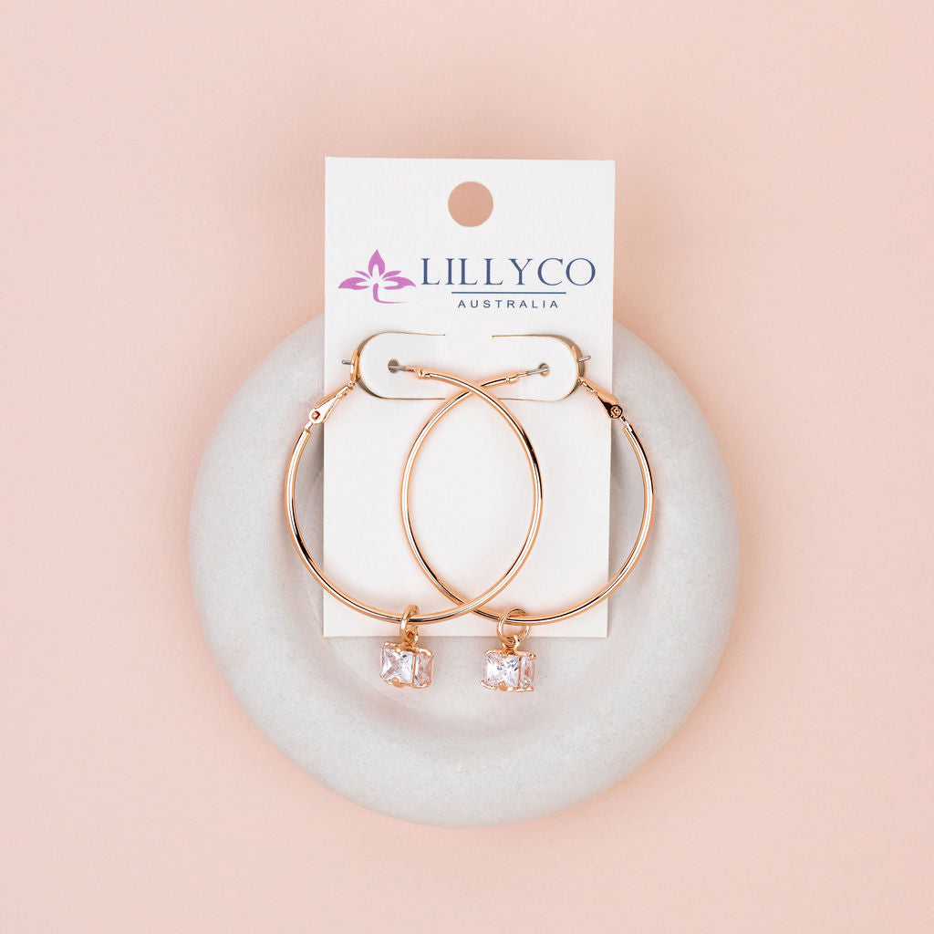 Rose Gold Hoop with Crystal Drop Earrings