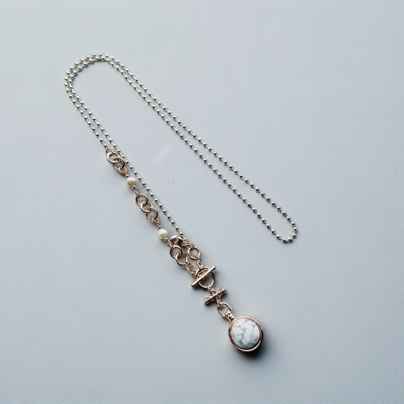 Silver & Rose Gold T/Bar White Howlite Bead Necklace