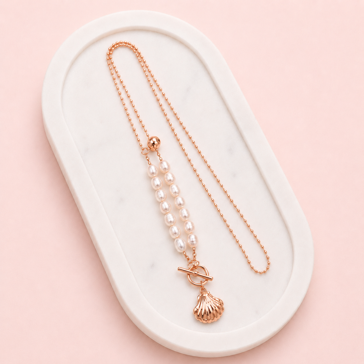Rose Gold & Fresh Water Pearl Shell Pendant Necklace