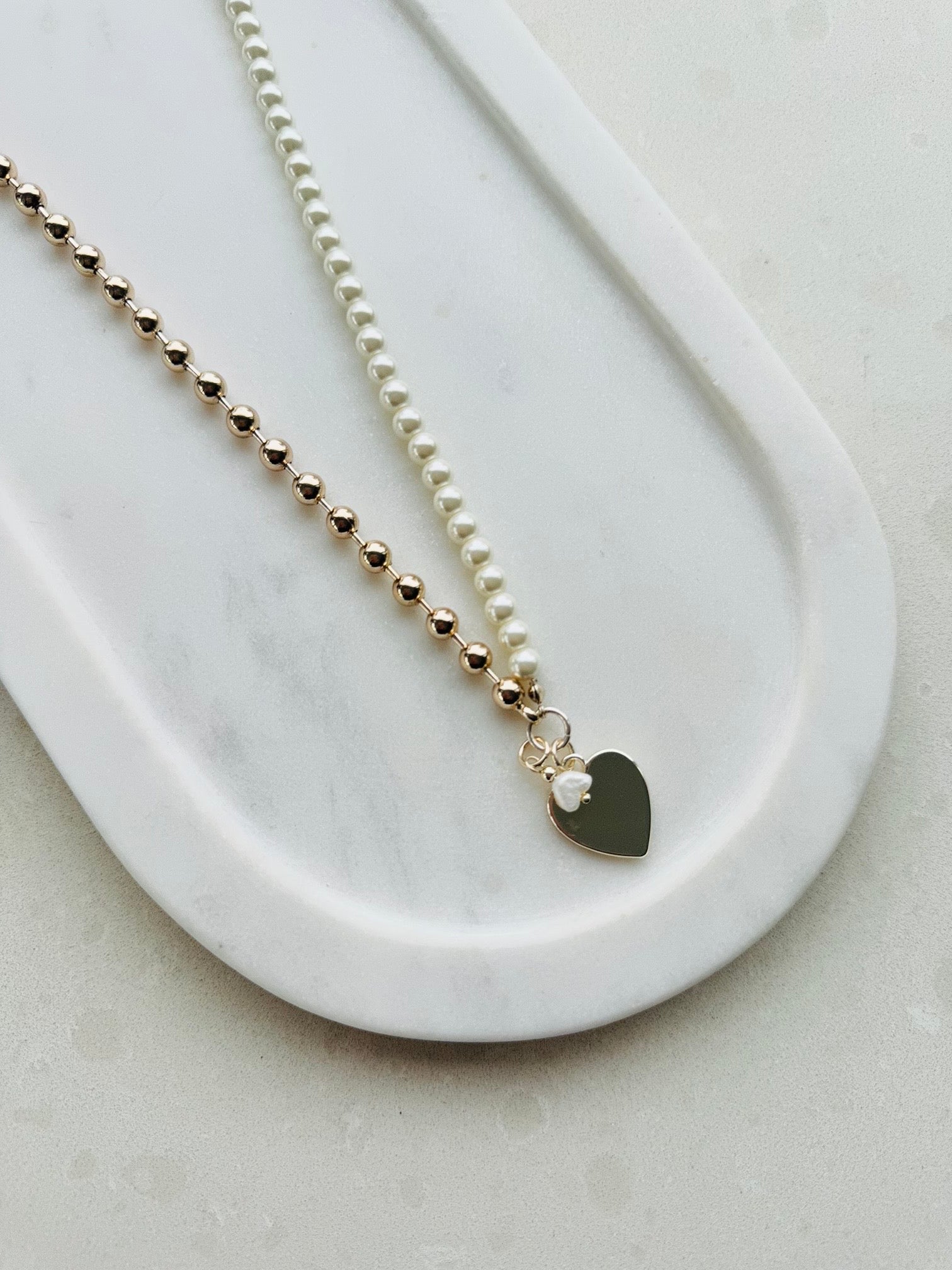 SHORT | Half Pearl & Gold Heart Necklace