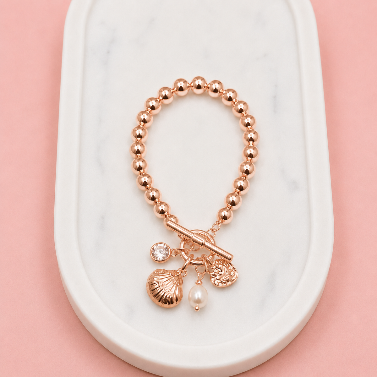 Rose Gold Metal Shell & Pearl Bracelet