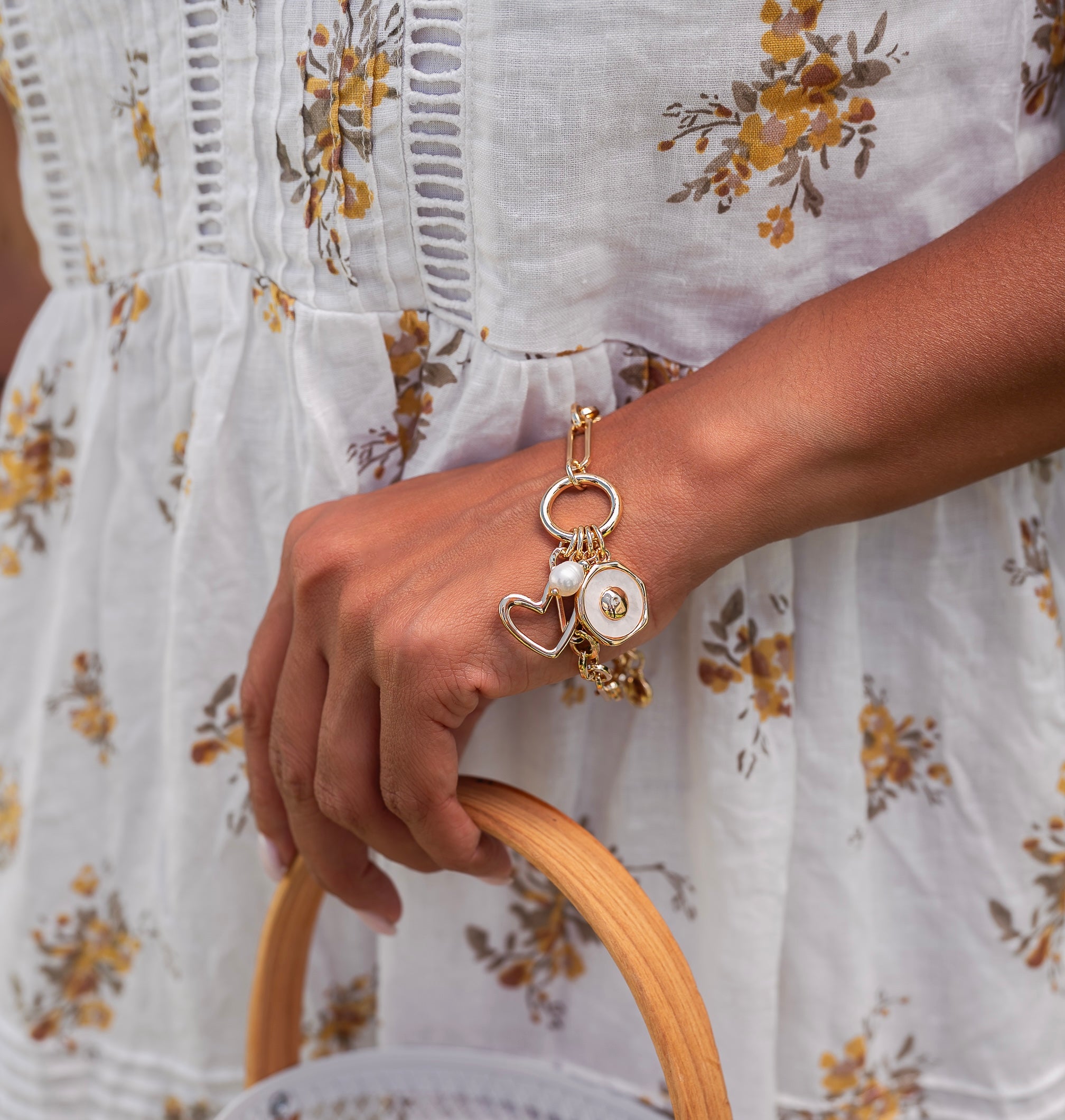 Yellow Gold Heart Pearl Charm Bracelet