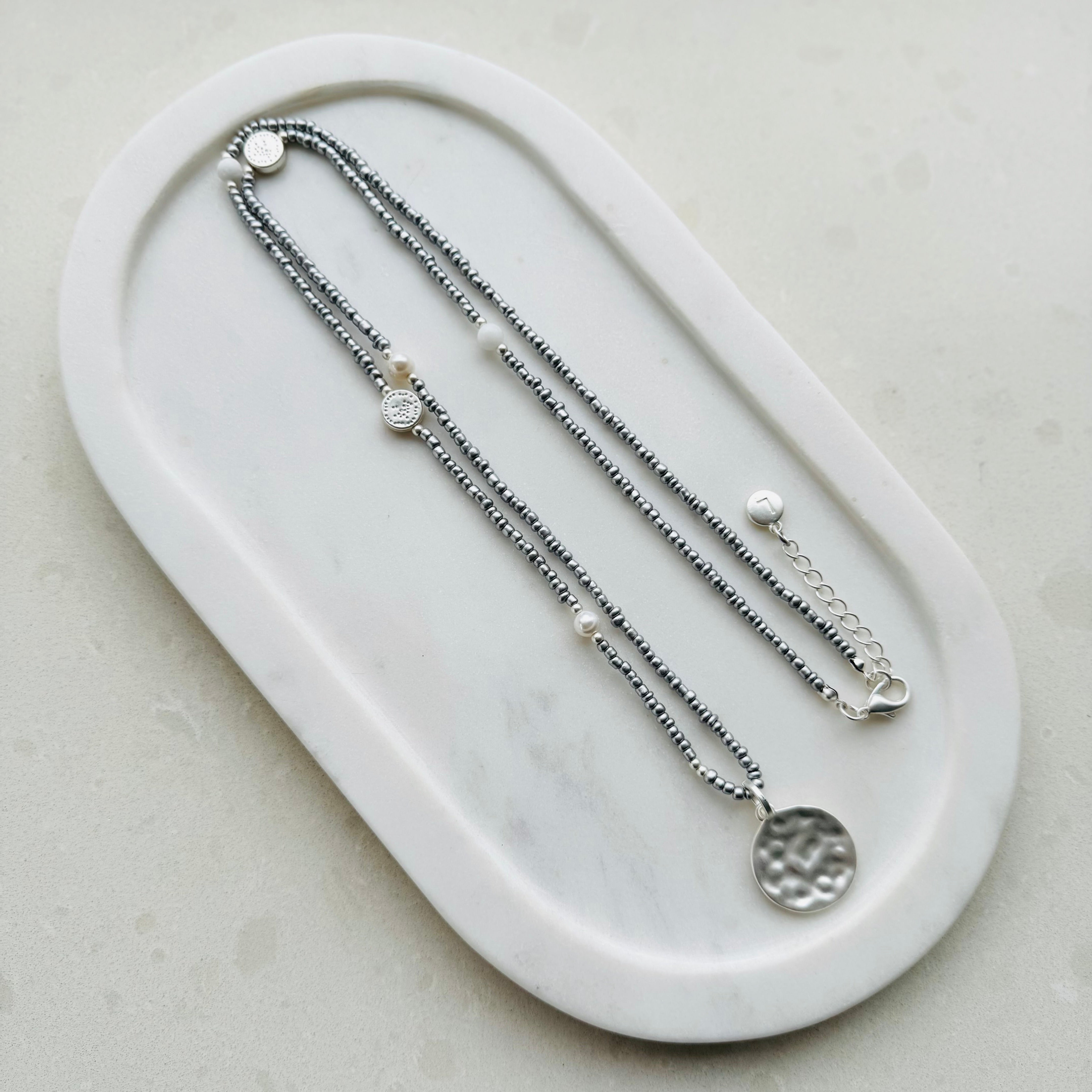Silver Disc Pendant on Silver Beads Necklace