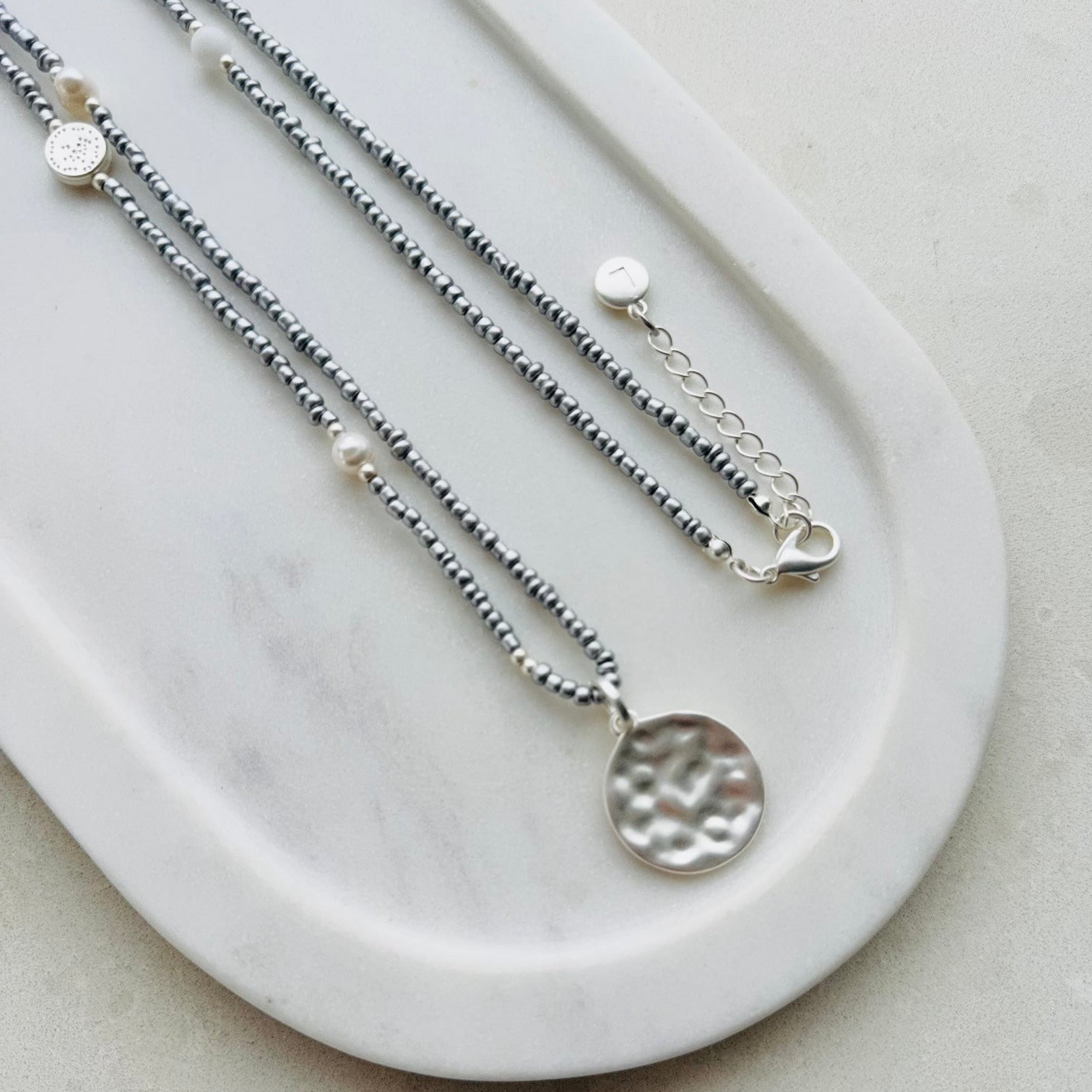 Silver Disc Pendant on Silver Beads Necklace