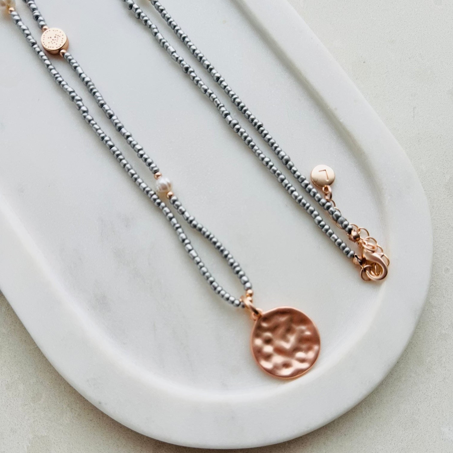 Rose Gold Disc Pendant on Silver Beads Necklace
