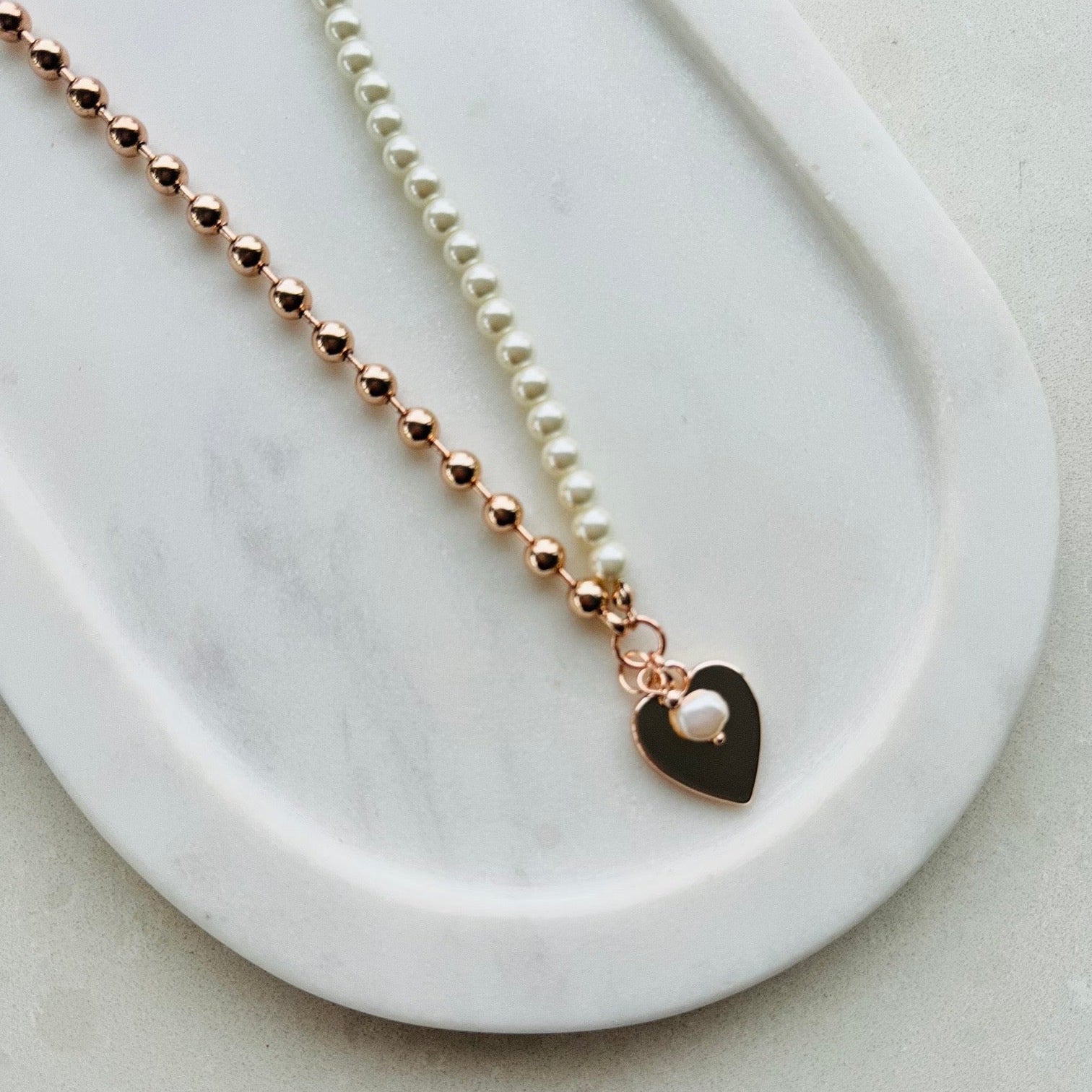SHORT | Half Pearl & Rose Gold Heart Necklace