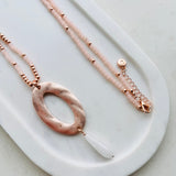 Rose Gold Oval w Pink Stone Beads Necklace