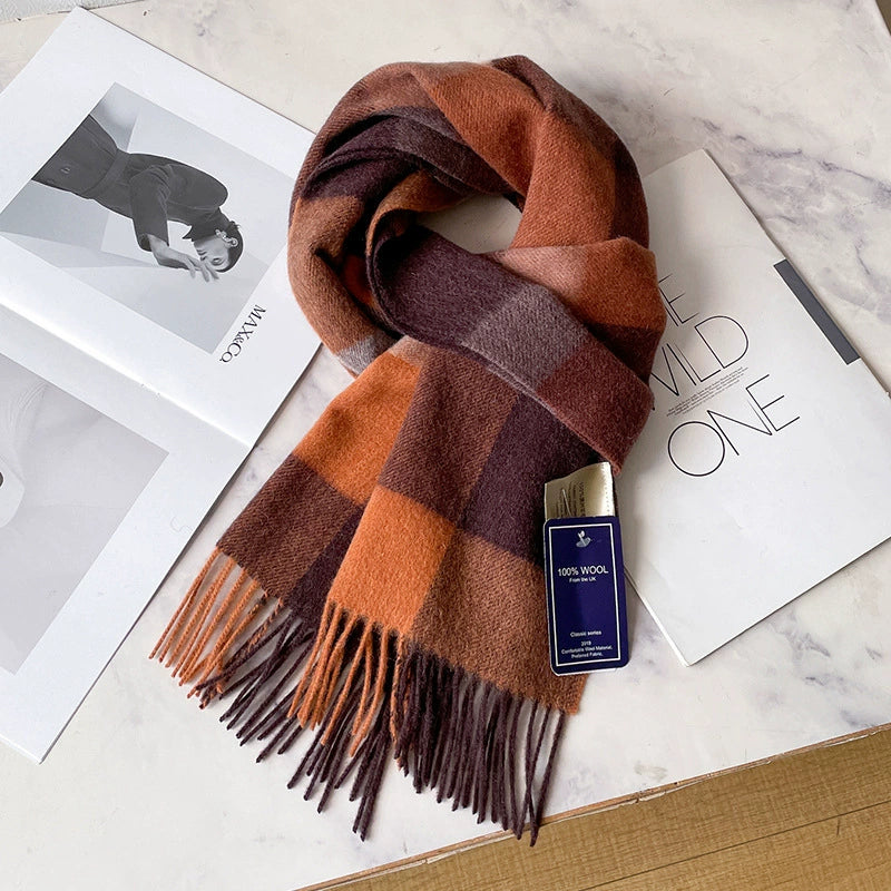 Ladies Winter Wool | Brown & Orange Check Scarf