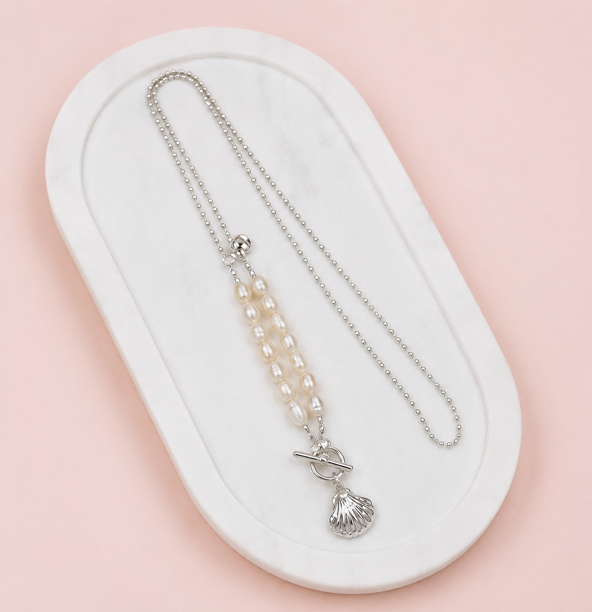 Silver & Fresh Water Pearl Shell Pendant Necklace