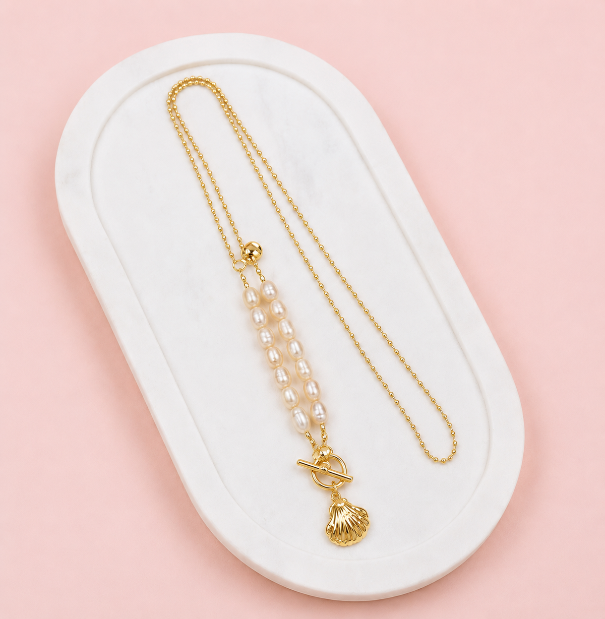 Yellow Gold & Fresh Water Pearl Shell Pendant Necklace