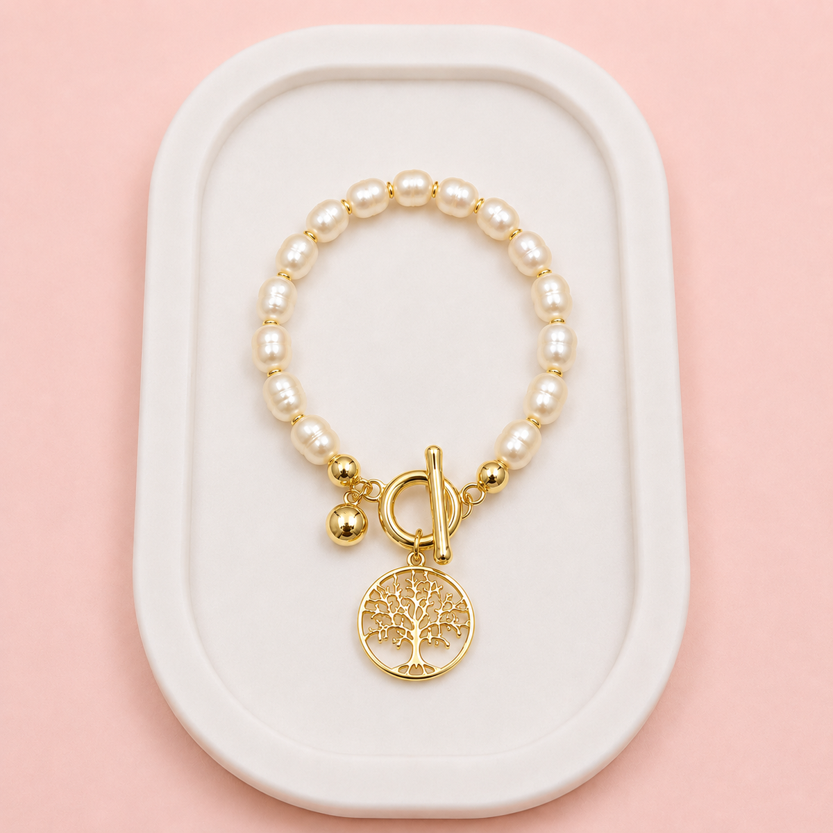 Yellow Gold Tree Fresh Water Pearl Bracelet