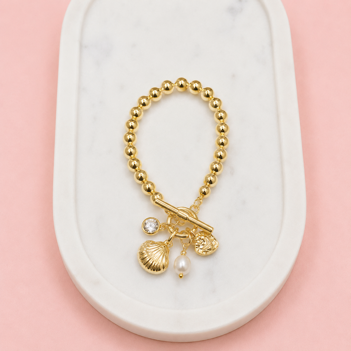 Yellow Gold Metal Shell & Pearl Bracelet