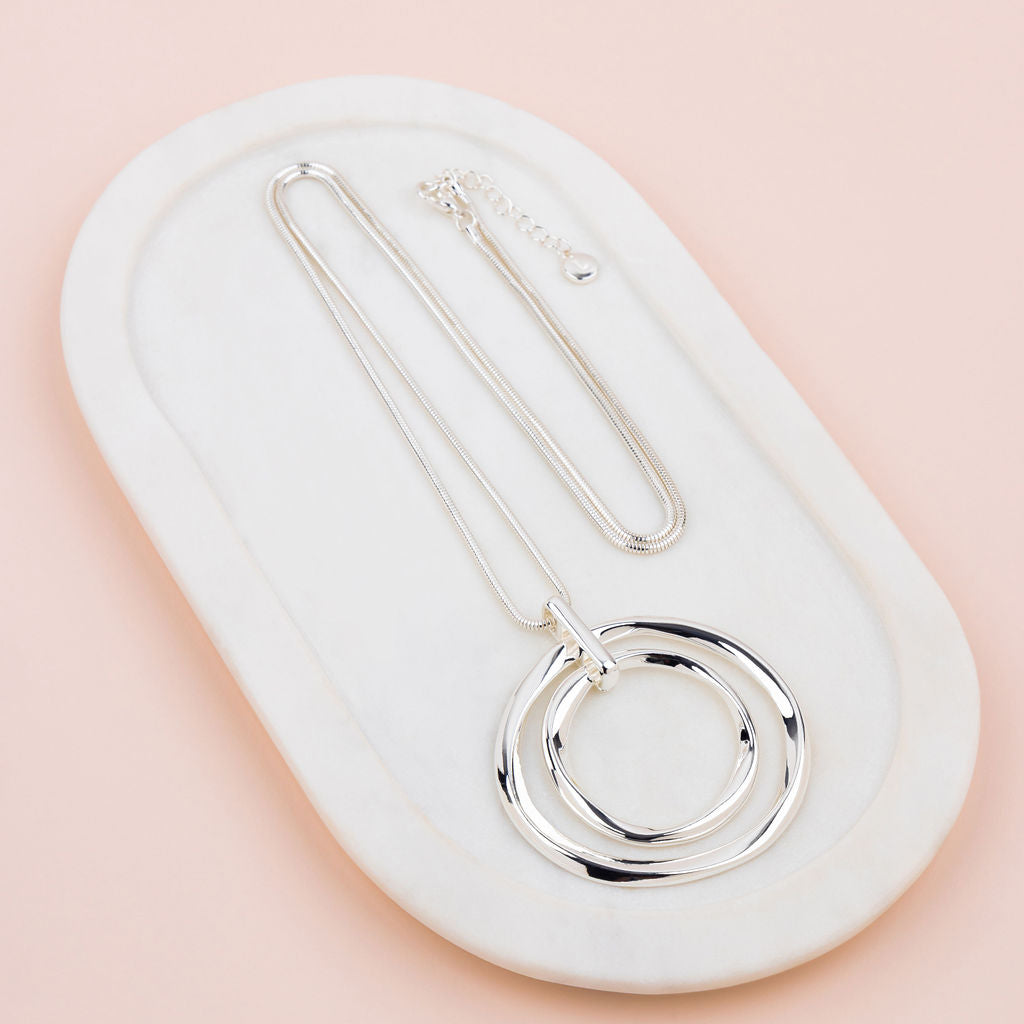 Silver Large Rings Pendant Long Necklace