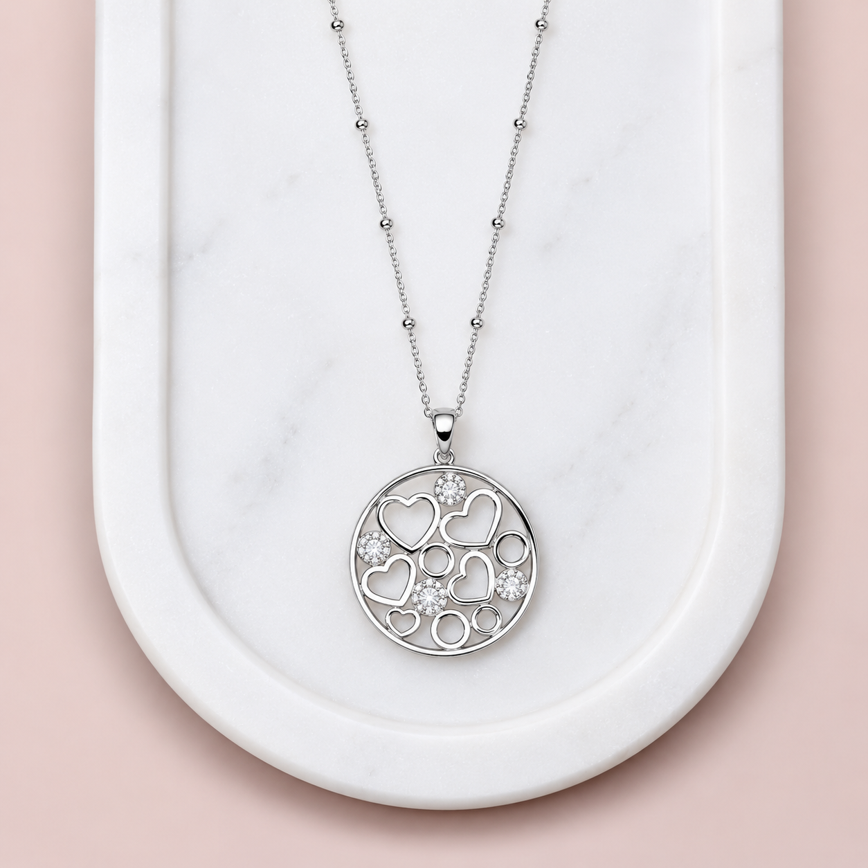 SHORT | Silver Circle of Hearts Pendant Necklace