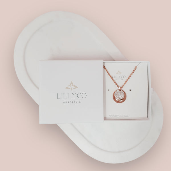 Fine | Boxed Rose Gold Crystal + Disc Necklace
