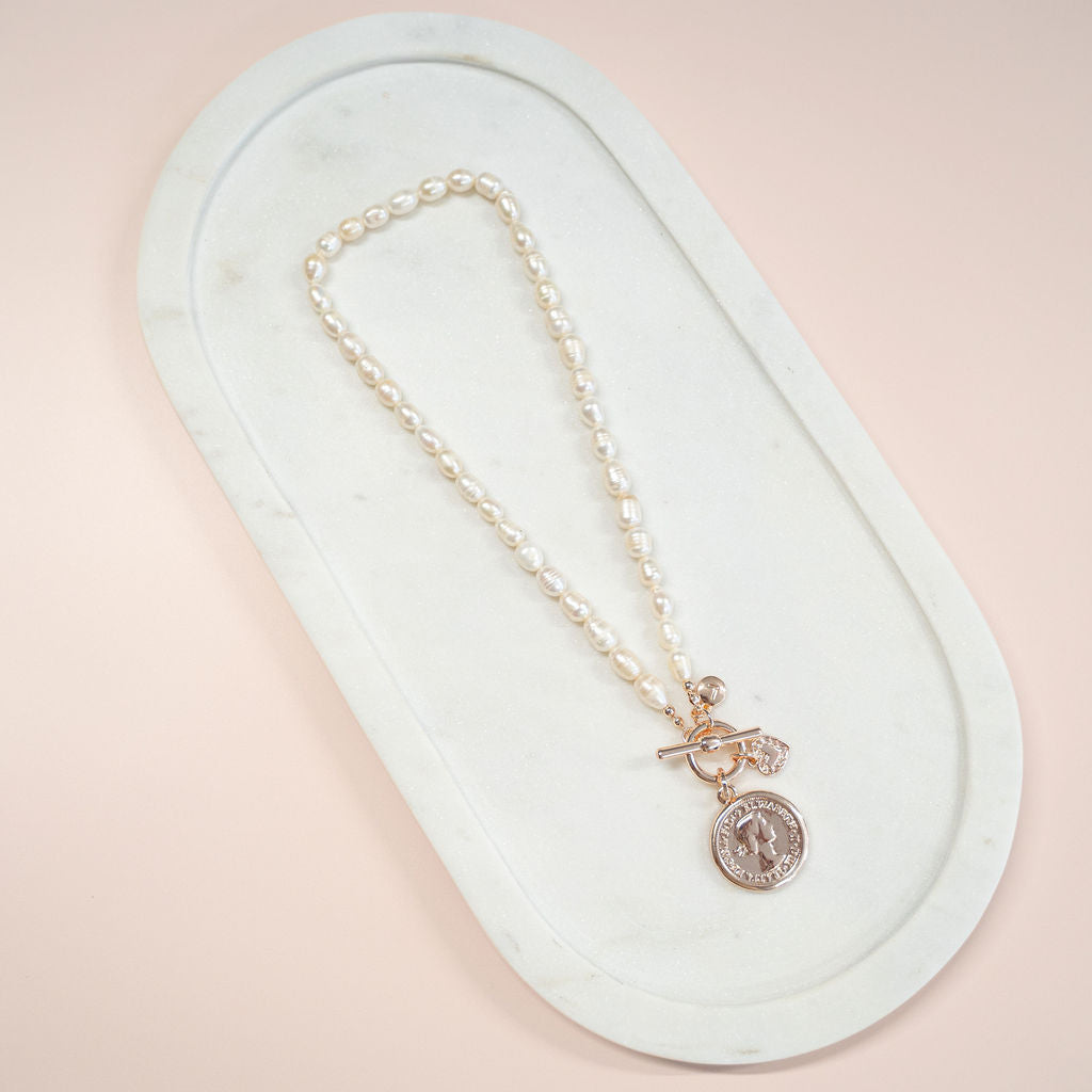 LIMITED EDITION | SHORT | Rose Gold Coin + Fresh Water Pearl Necklace