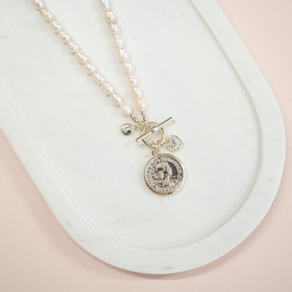 LIMITED EDITION | SHORT | Light Gold Coin + Fresh Water Pearl Necklace