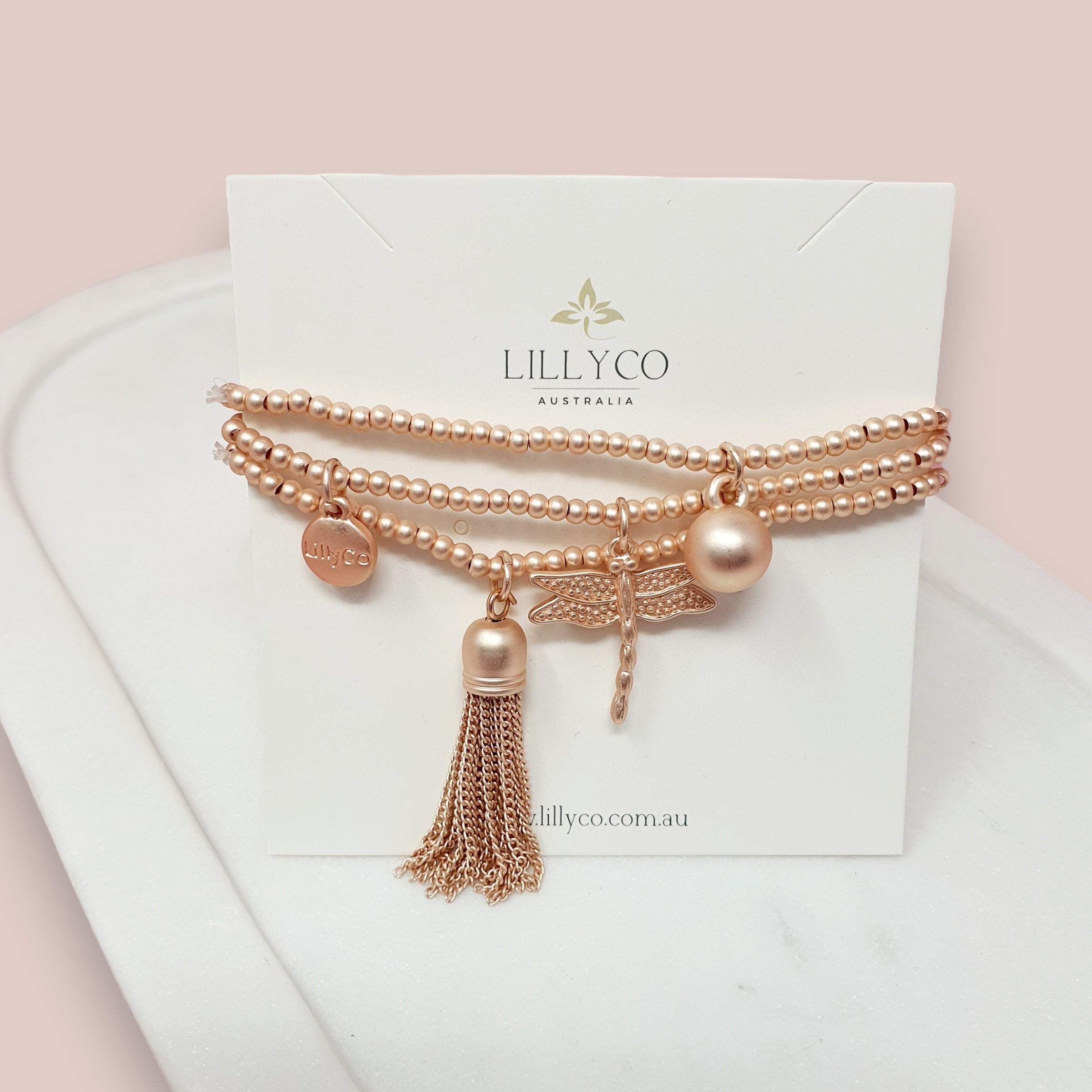 Matt Rose Gold 3 Dragonfly Strand Charm Bracelet