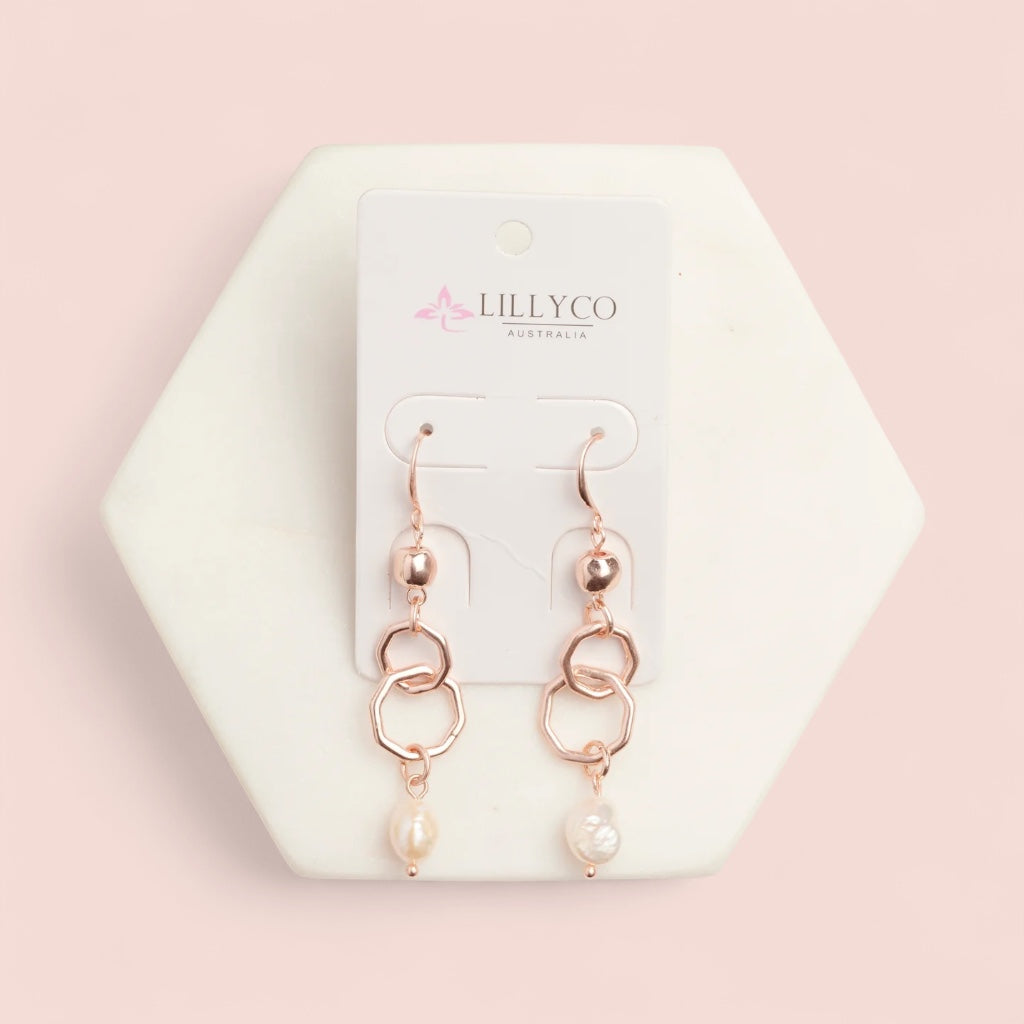 Rose Gold Double Ring Pearl Earring