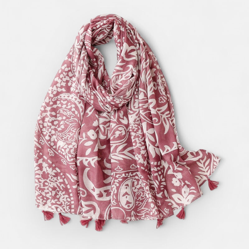 Ladies Pink & White Pattern Tassel Scarf