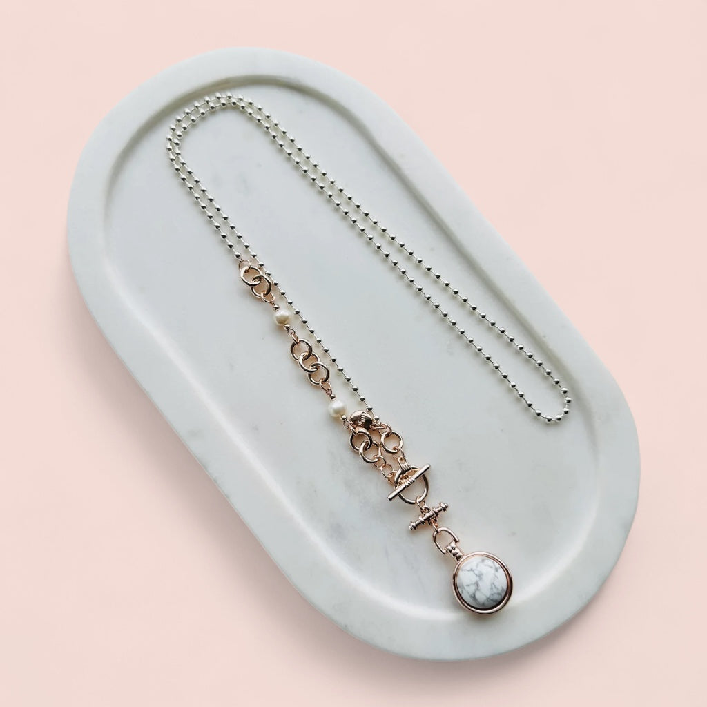 Silver & Rose Gold T/Bar White Howlite Bead Necklace