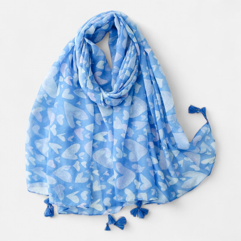 Ladies Blue & White Love Heart Printed Scarf