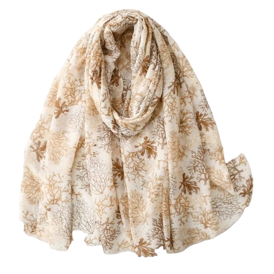 Beige floral patterned scarf on a light gray background