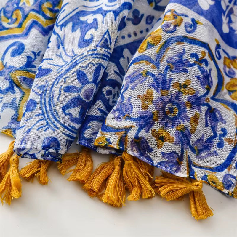 Ladies | Blue & Mustard Tile Scarf