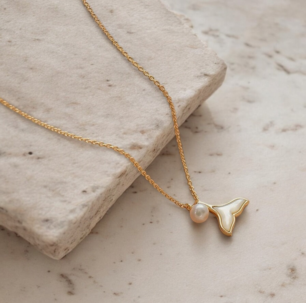 Ladies | Stainless Steel | Gold Pearl Whale Tail Short Necklace
