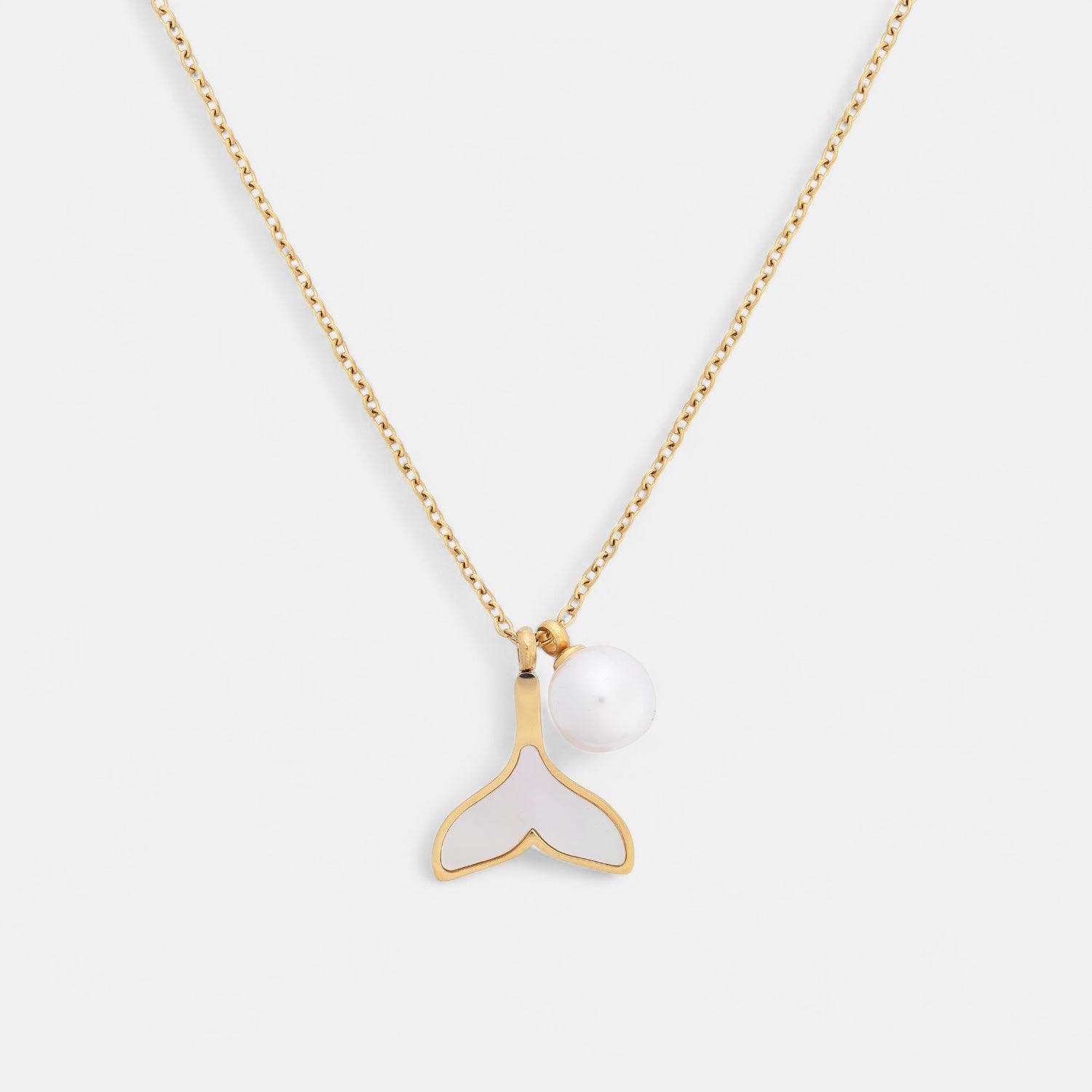 Ladies | Stainless Steel | Gold Pearl Whale Tail Short Necklace