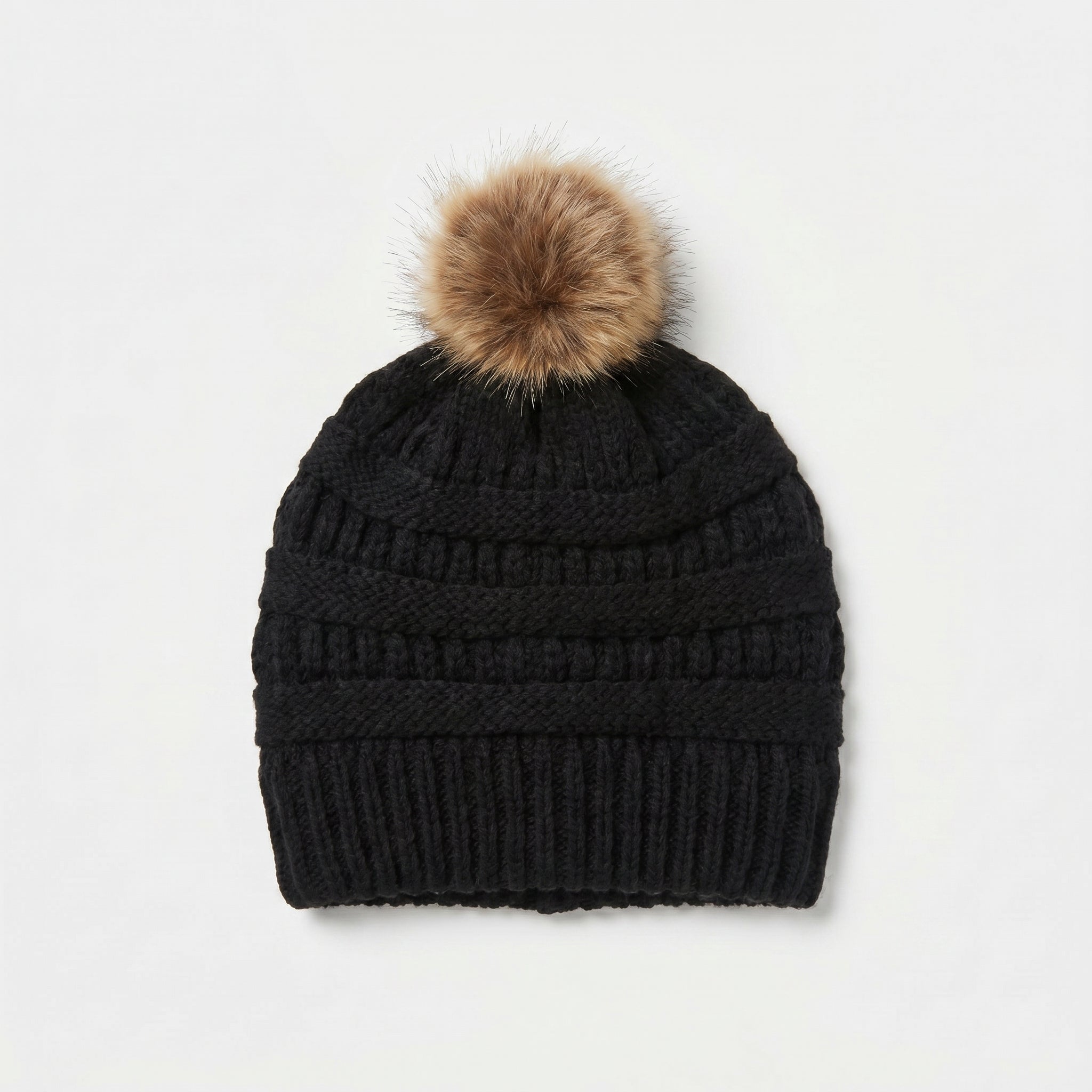 Ladies Black Fur Pom Pom Beanie