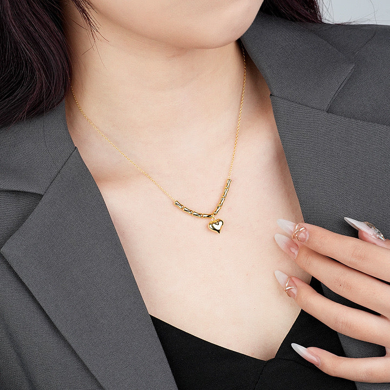 18K Plated | Plump Heart Pendant Bamboo Chain Clavicle Necklaces