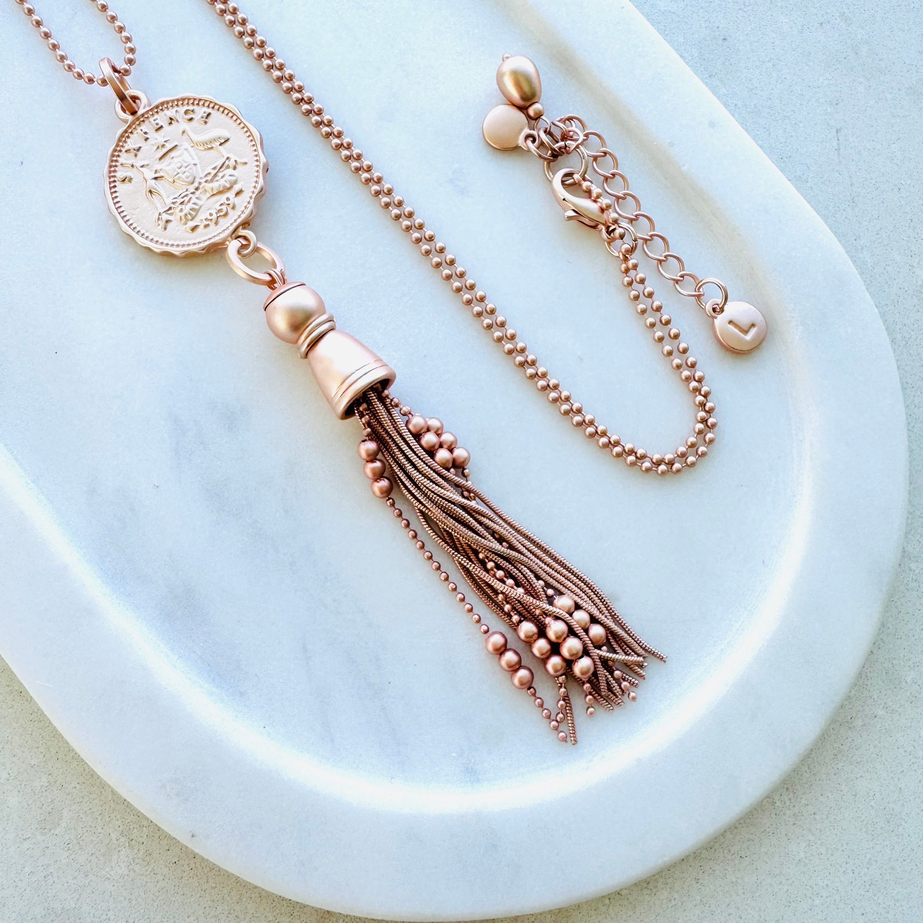 Matt Plated Rose Gold Coin & Tassel Necklace