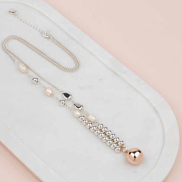 Silver & Rose Gold Beads & Pearl Ball Necklace