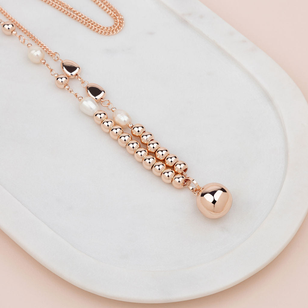 Rose Gold Beads & Pearl Ball Necklace