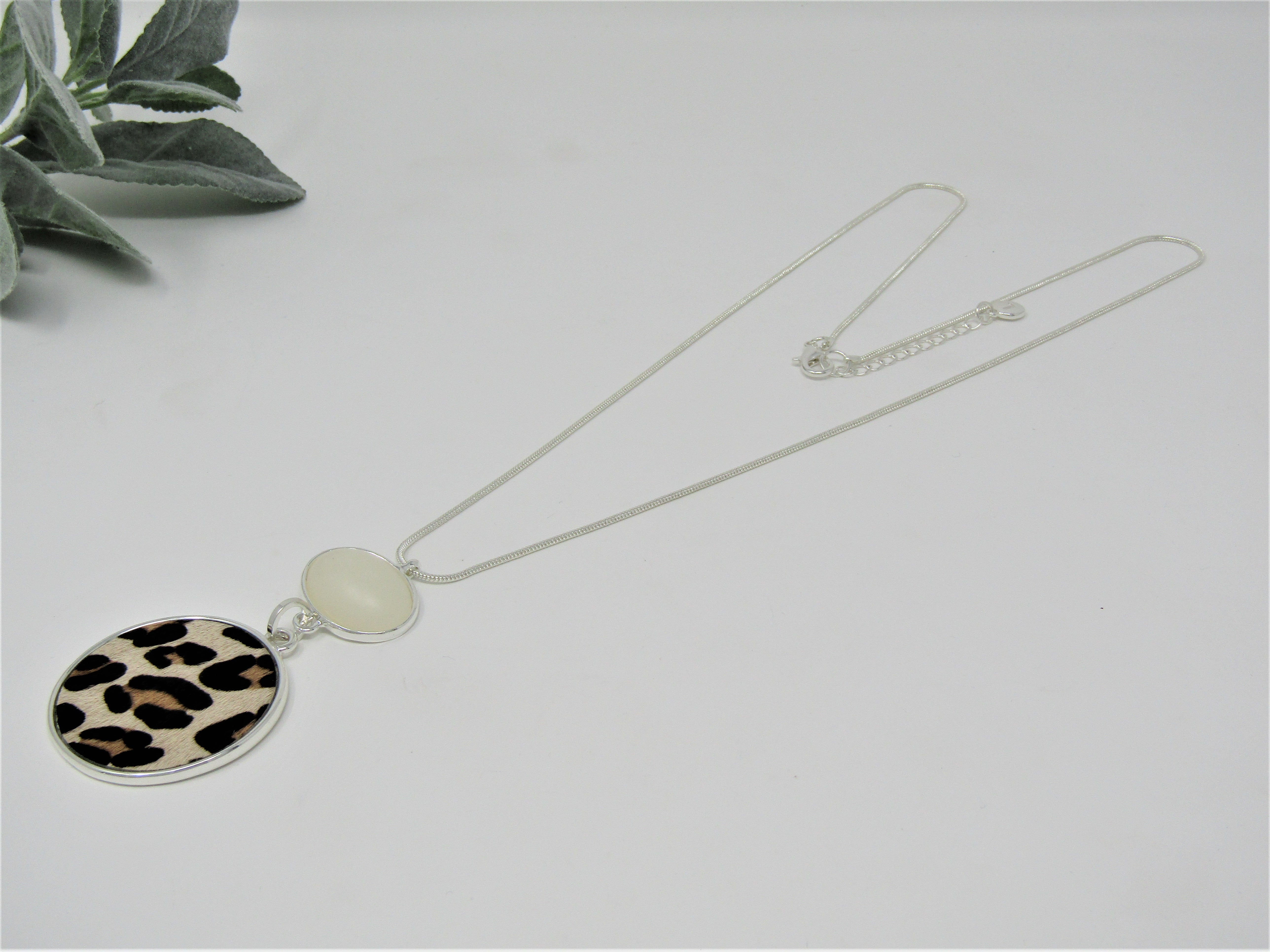 Silver Cream & Black Leppord Print Disc Necklace