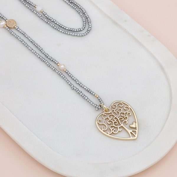 Gold Heart Tree Pendant on Silver Beads Necklace