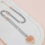 Rose Gold Heart Tree Pendant on Silver Beads Necklace
