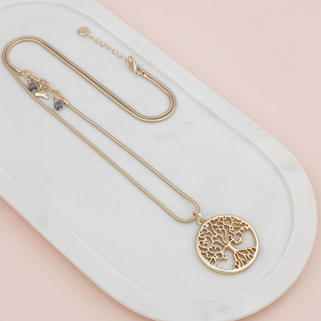 Matt Gold Tree w Beads + Heart Pendant Necklace