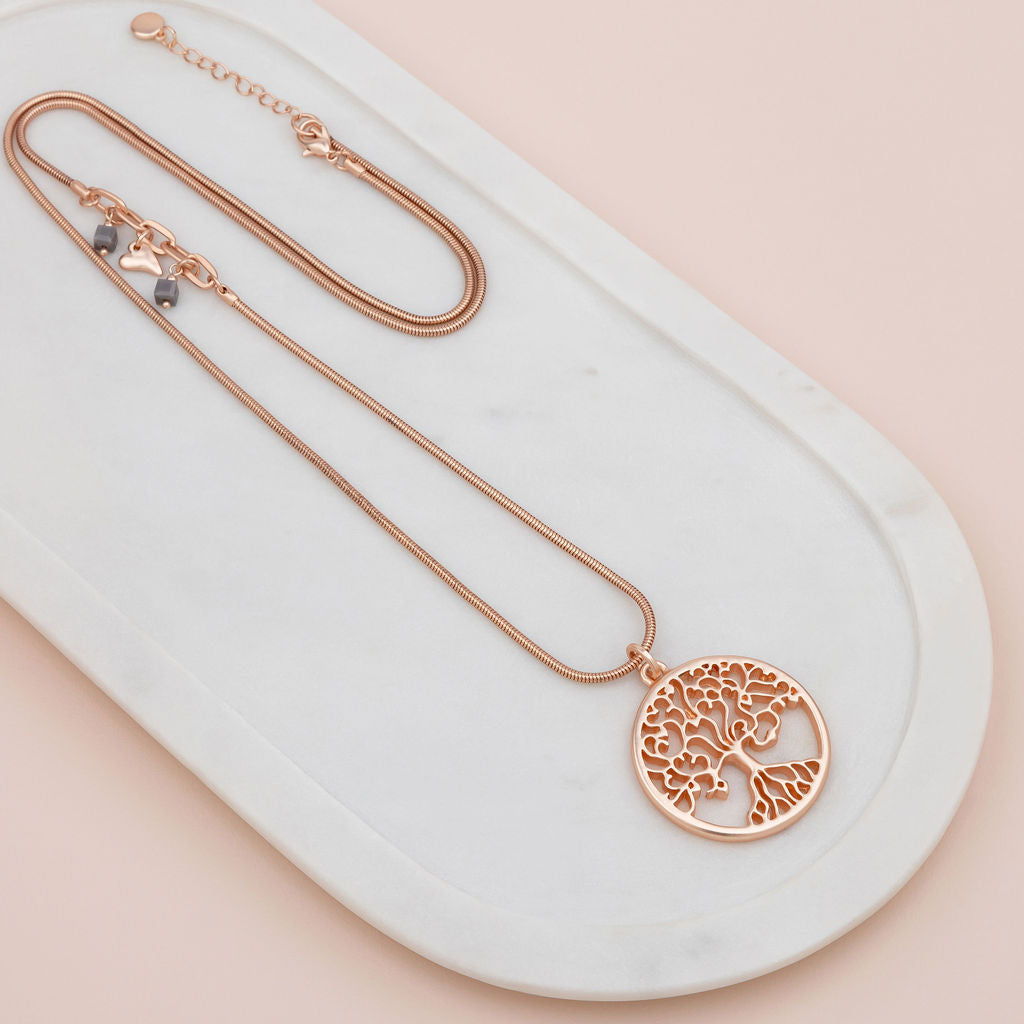 Matt Rose Gold Tree w Beads + Heart Pendant Necklace