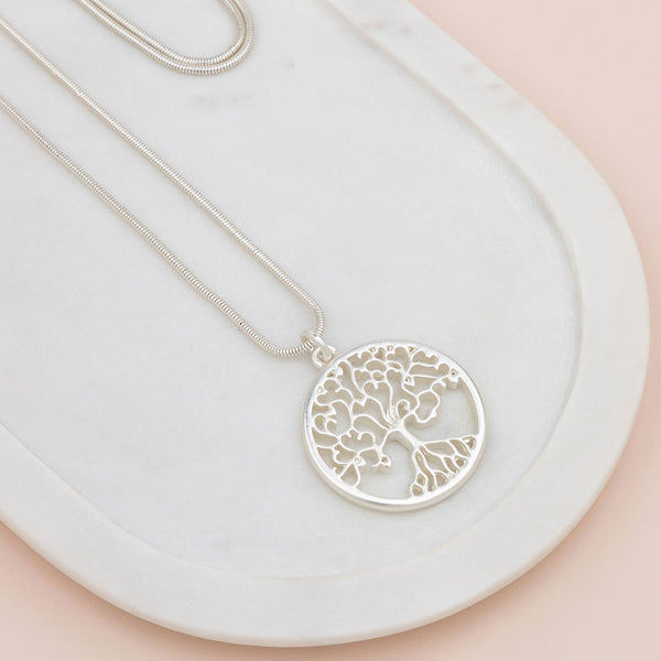 Matt Silver Tree w Beads + Heart Pendant Necklace